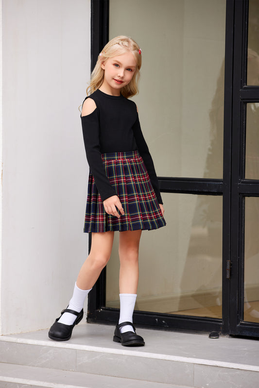 Pleated Skirt High Waisted Plaid A-line Skirts with Lining Shorts School Uniform